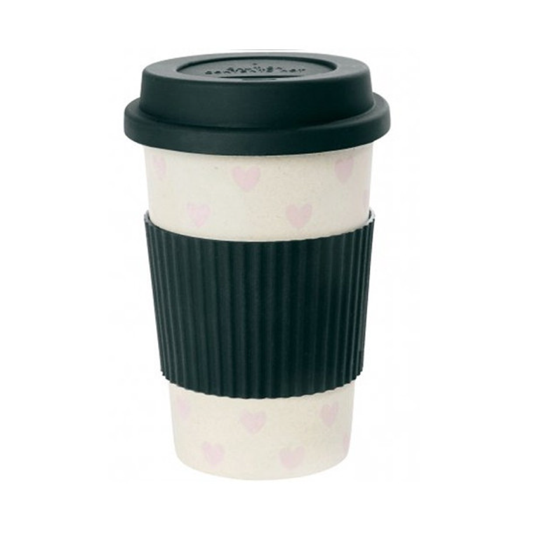 Ms Etoile - Bamboo Melamine Travel Mug with Rubber Lid Pink Hearts