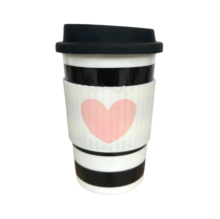 Ms Etoile - Ceramic Travel Mug with Rubber Lid "Rose Heart With Black Stripes"